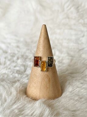 925 Sterling Silver Baltic Amber 3 Stone Ring Cognac Honey Green Size 8
